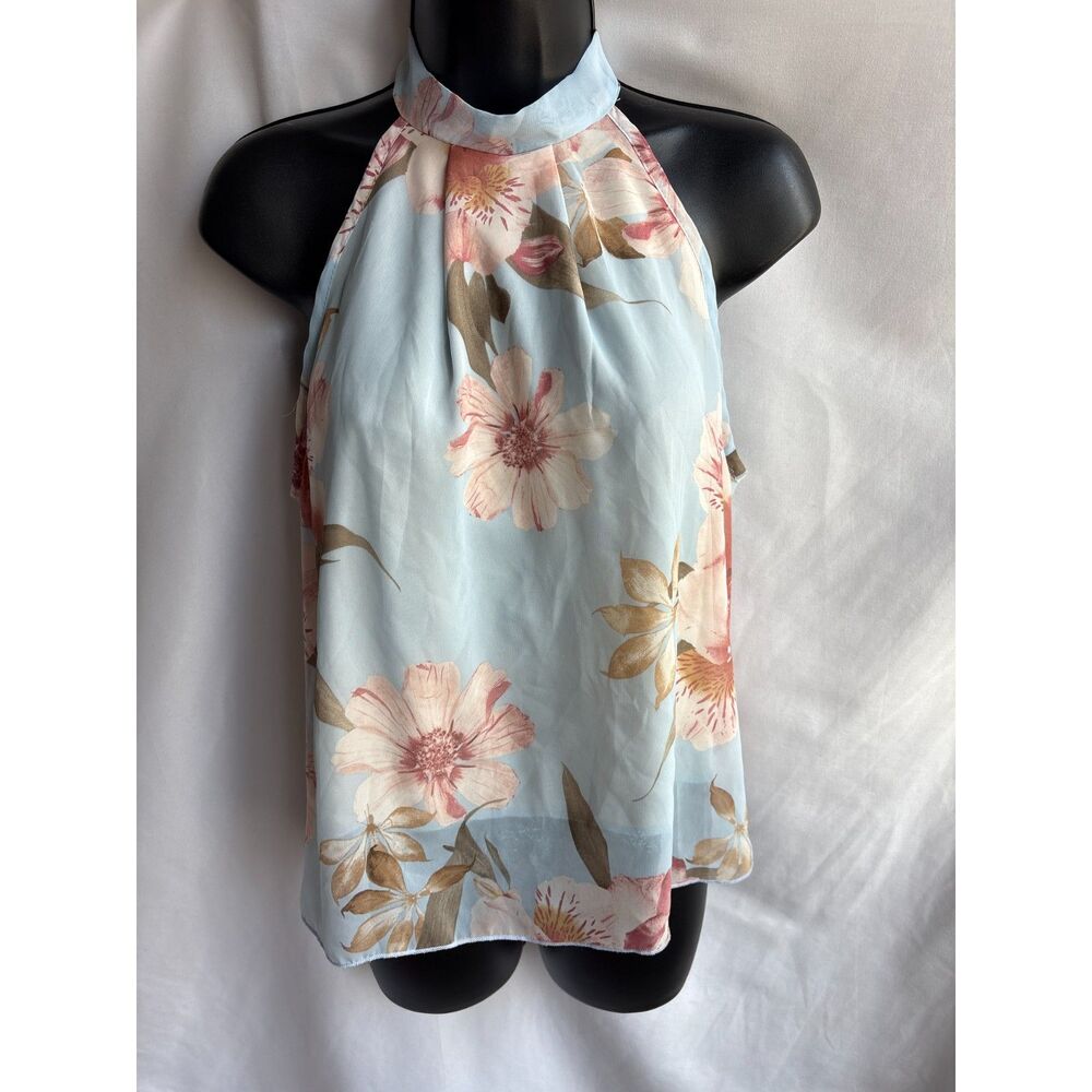 Olive Tree Floral Mock Neck Sleeveless Blouse Size S Blue Orange Classy Brunch